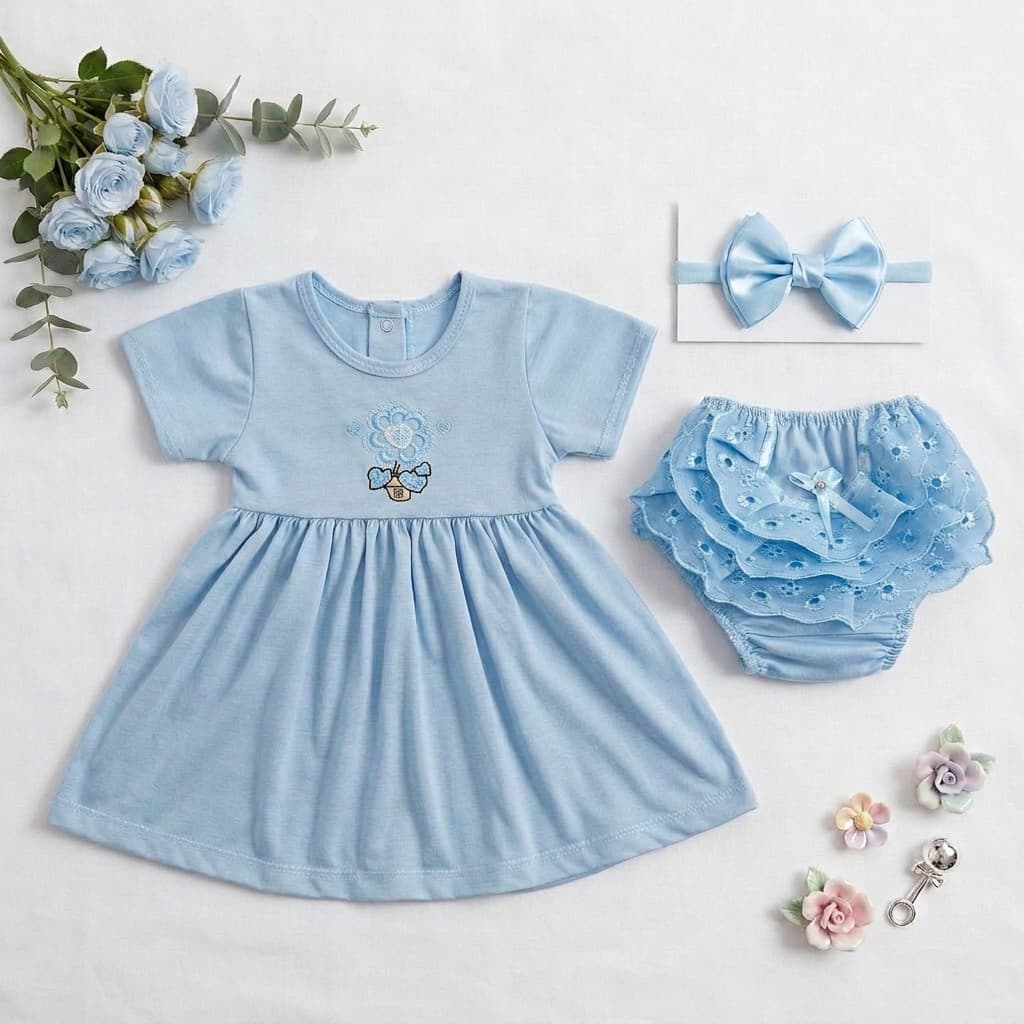 Conjunto Infantil Menina Vestido Laço e Calcinha Super Confortável e Leve Lançamento Promoção