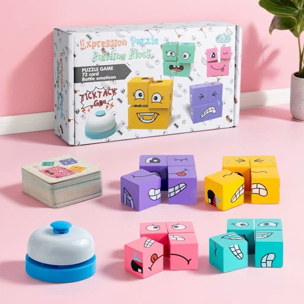 Jogo de Cubo Mágico Expressões Faciais - Desafio de Memória e Lógica - Brinquedo Educativo com Sino