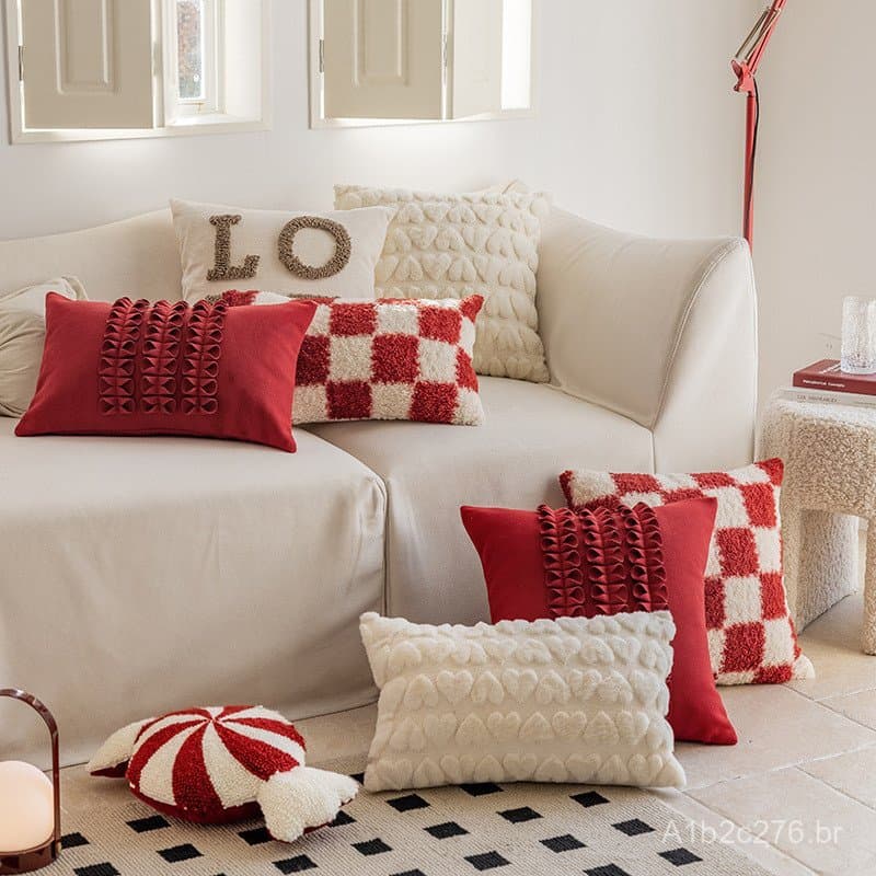 Almofada decorativa festiva vermelha moderna nórdica, almofada para encosto de sofá e cama, capa de almofada para encost