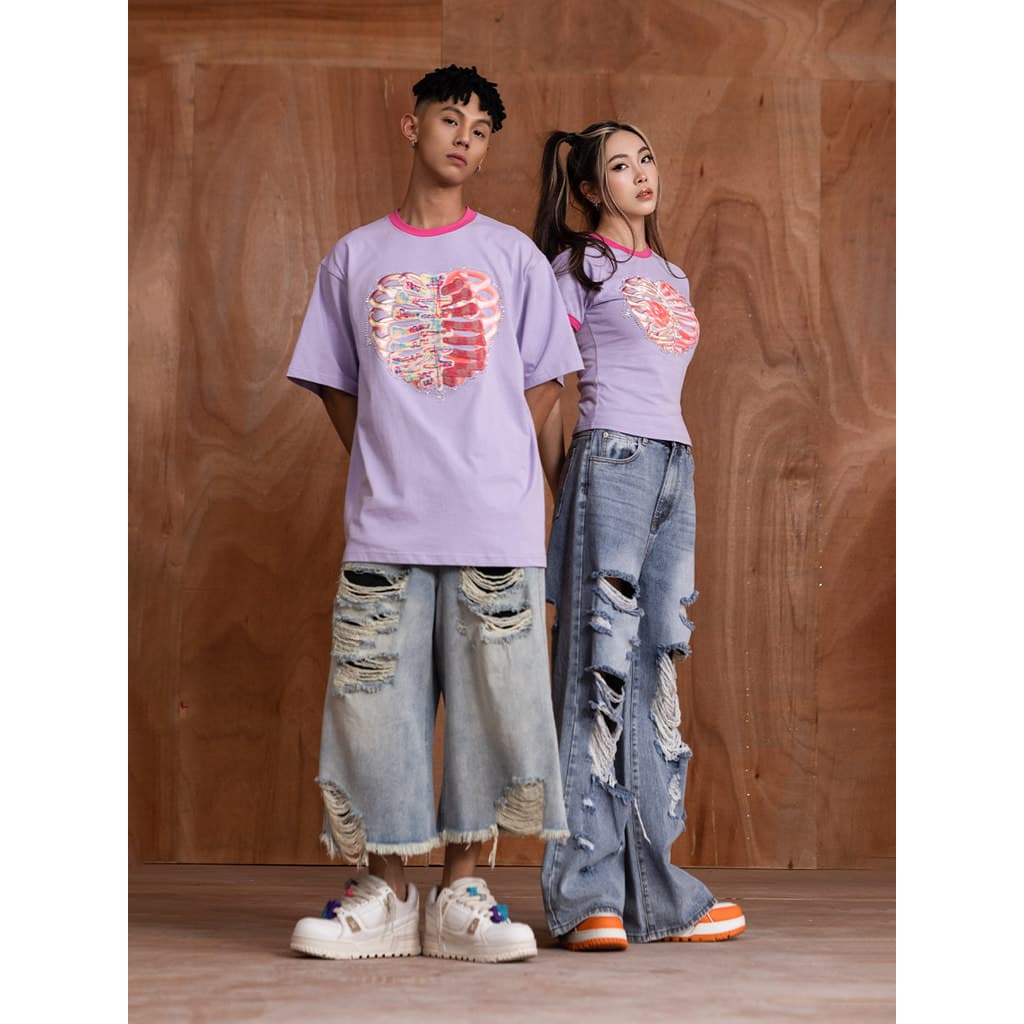 CLP Original Roxo Amor Coração em Forma de Coração Esqueleto Bordado Impresso Camiseta Homens Mulheres Perfil Solto Desi