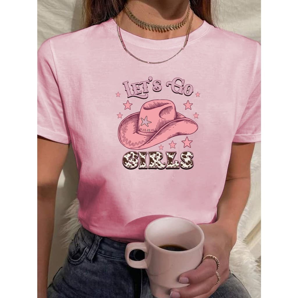 Camiseta Feminina Chapeu Boiadeira Rosa Lets Go Girls 100% Algodão