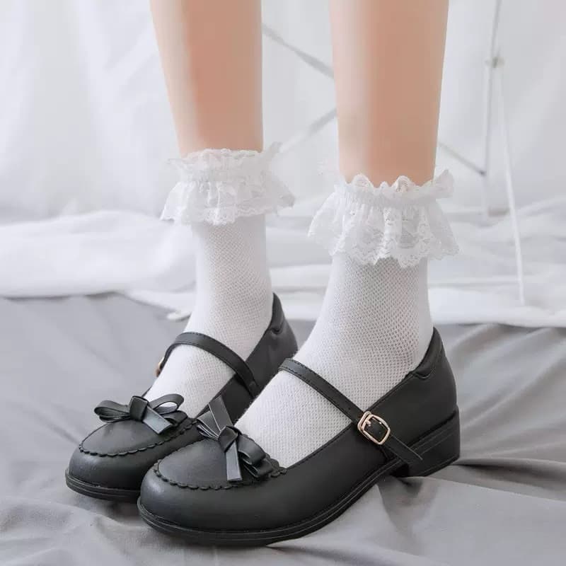 Meia mary jane com babado de arrastão branco acessório lorita yh7007 saara、