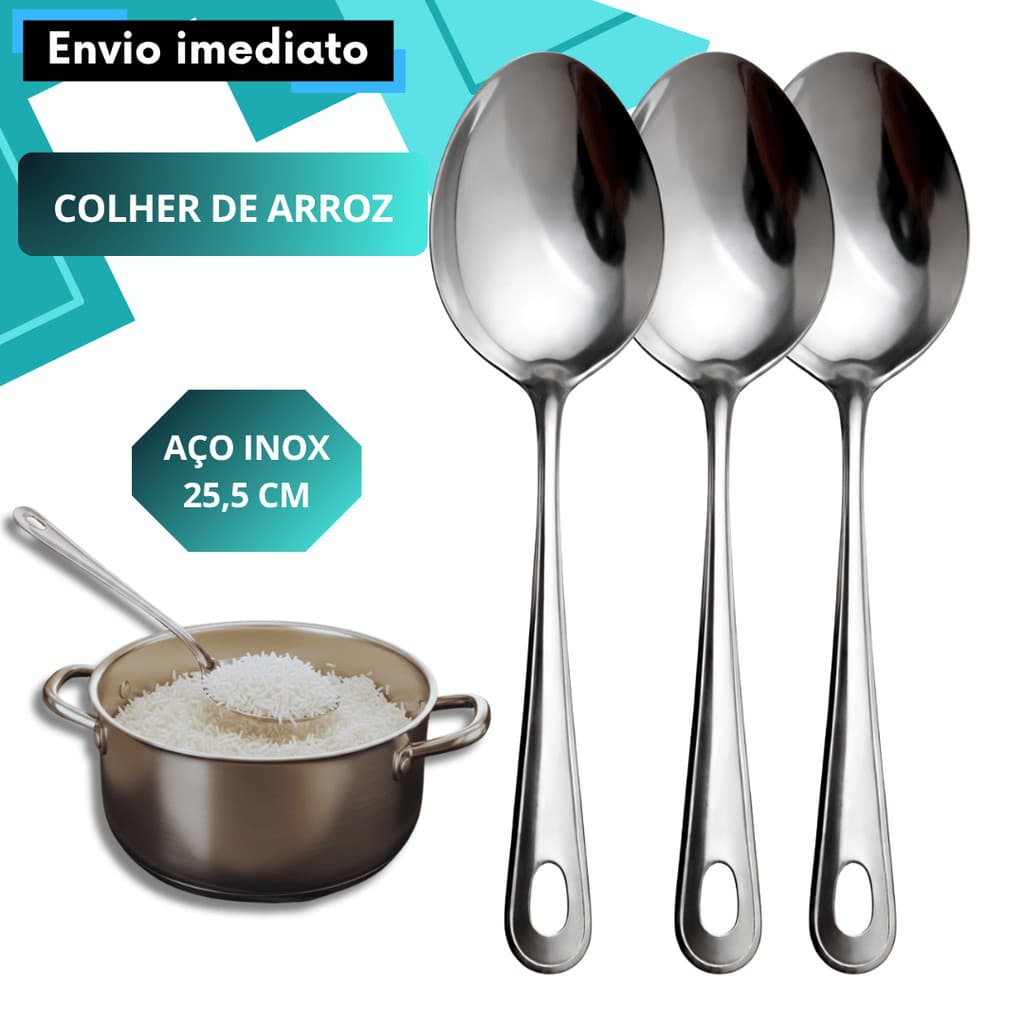 Colher de Arroz Aço Inox 25,5cm Alta Qualidade Uso Doméstico Restaurante Buffet Bar Kit Econômico