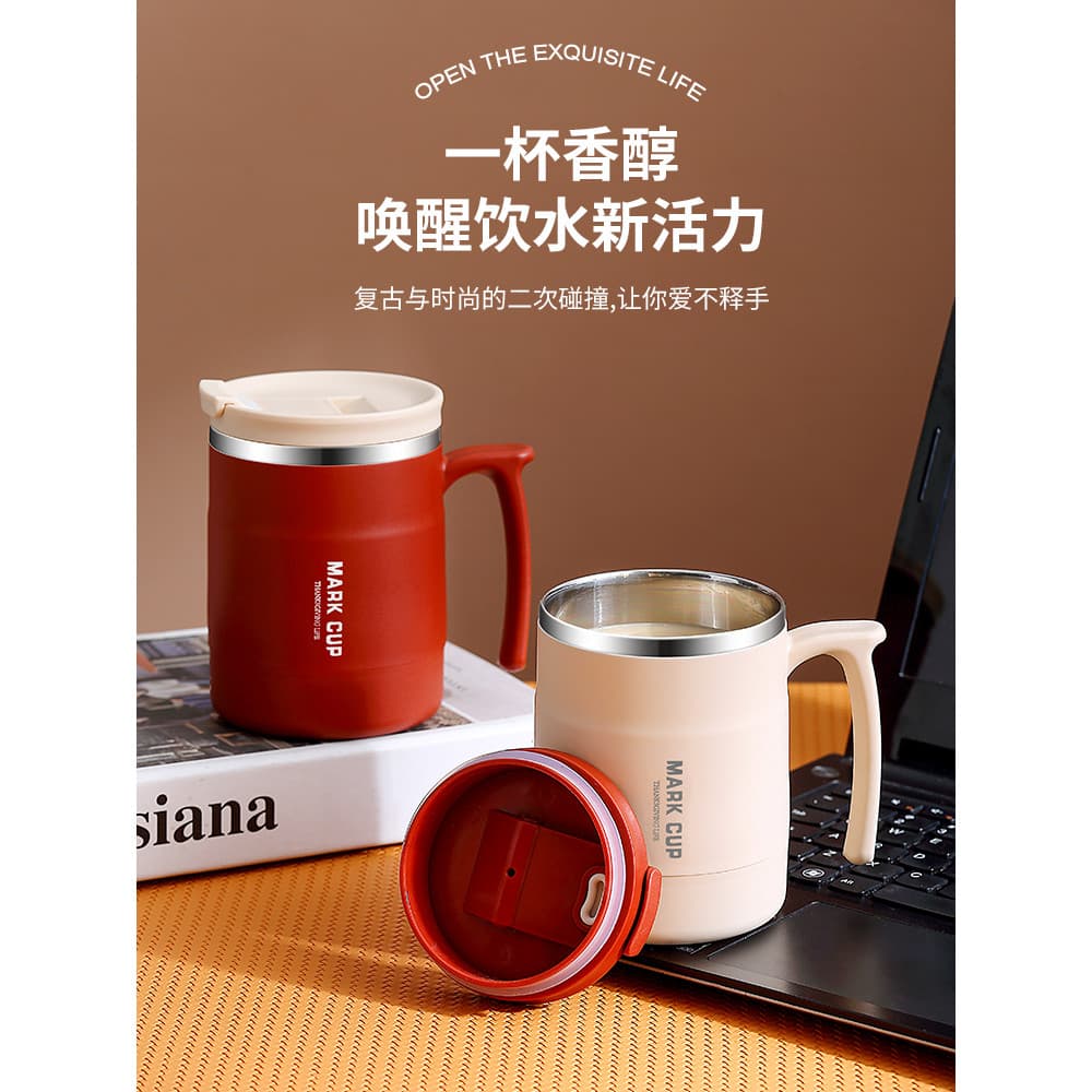 Copo de café da manhã com tampa com colher feminino caneca de aço inoxidável nicho Design sentido copo de café doméstico