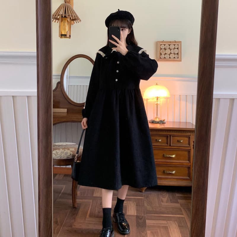 Francês Retro vestido de manga comprida outono inverno roupas 2025 novo estilo gola boneca nicho Hepburn estilo veludo s