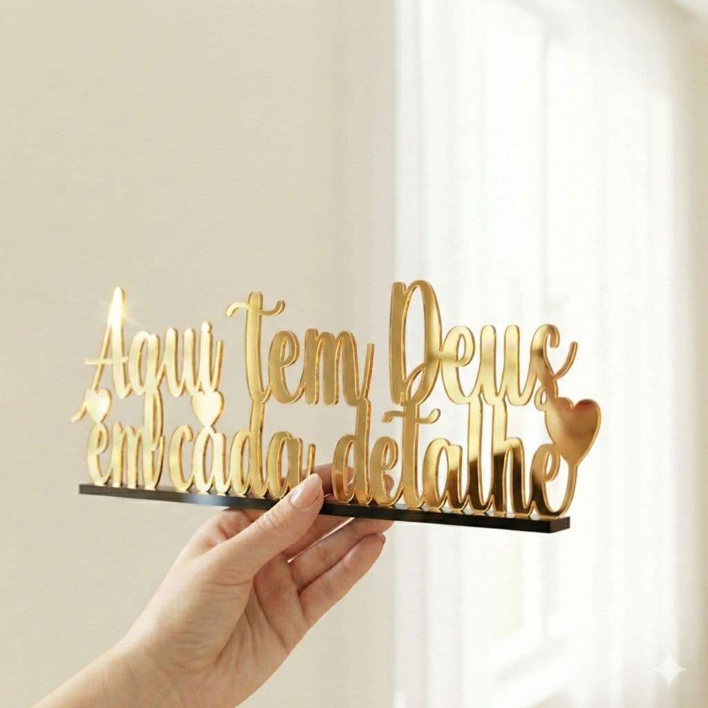 Frase Decorativa Acrílico Espelhado "Aqui tem Deus em cada detalhe" - Luxo para sua Casa