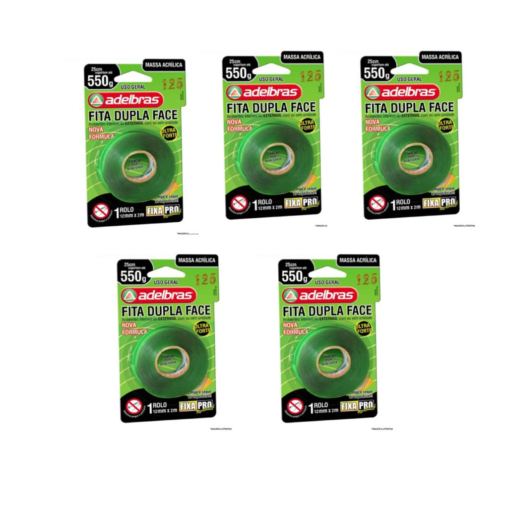 Kit 5 Fita Dupla Face Acrílica Fixação 12mm 2m Adelbras