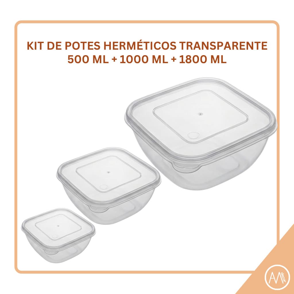 Kit de Potes Variados 500ML + 1000ML + 1800ML - Transparente com Tampa Hermética - LIVRE BPA - Marmita Reutilizável