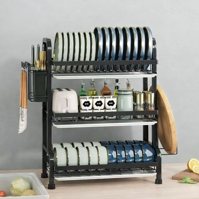 Escorredor de Louça Inox 53cm/42cm  com Porta-Pratos e Porta-Talheres 3 Níveis