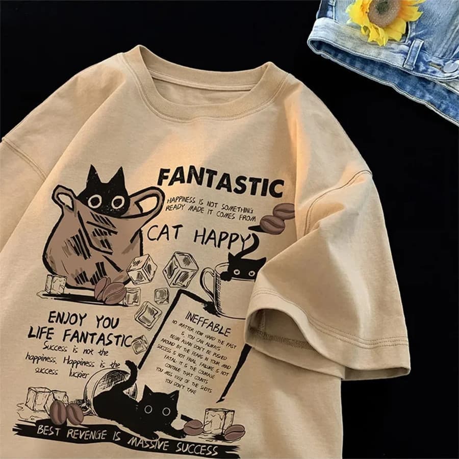 Camiseta Básica Modelo Unissex Feminina 100% Algodão Fio 30.1 Cat Fantastic Happy