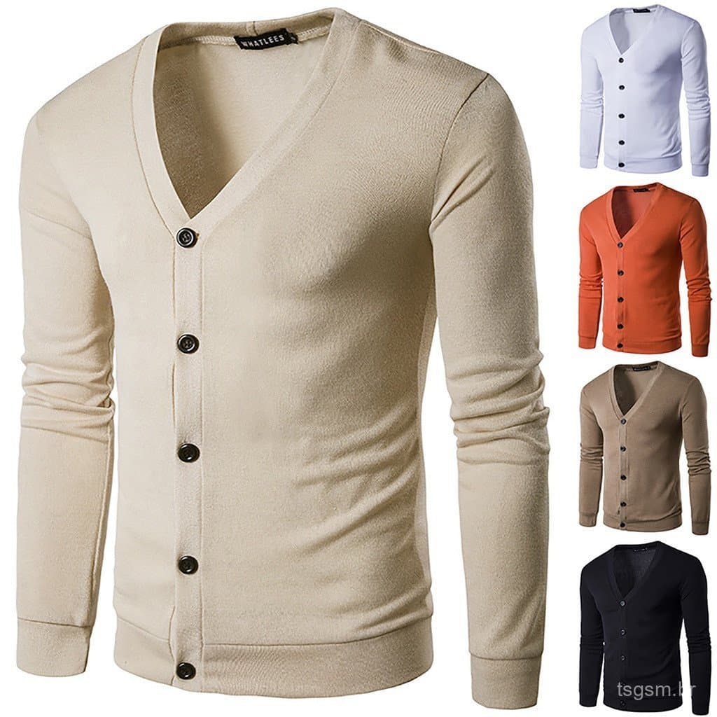 Malha Homem Cardigan Com Botão E Decote Em V Camisa Casual Fina Outono Inverno