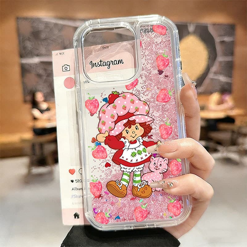 Para IPhone 17 Pro Max 13 11 17 Ar 16 15 14 12 XR Xs Morango Menina Fluindo Gilitter Caso Qianmov006