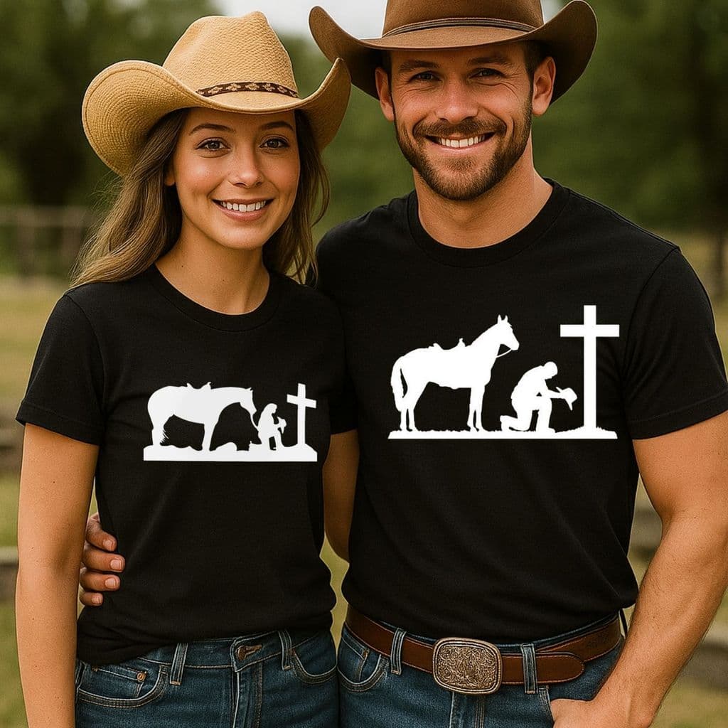 Kit Casal Camiseta oração Cowboy Cowgirl Moda Agro Country Festa de Peão Rodeio Namorados presente
