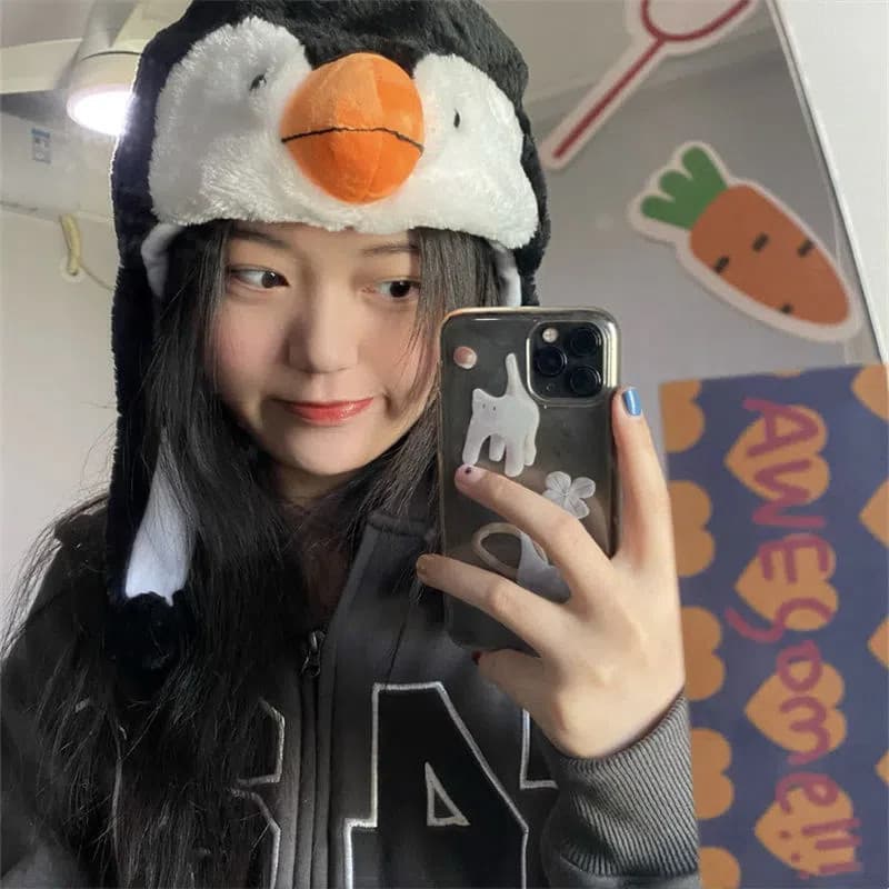 Boné de proteção de orelha de pinguim pequeno dos desenhos animados casal quente pelúcia crianças bonito estudante chapé