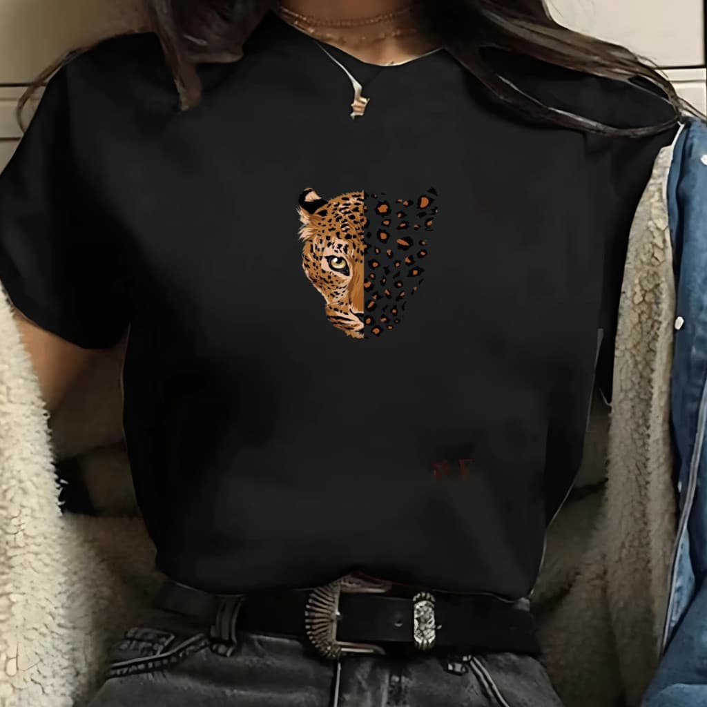 Camiseta Feminina Básica Onça Pintada Blusa Manga Curta Moda Verão