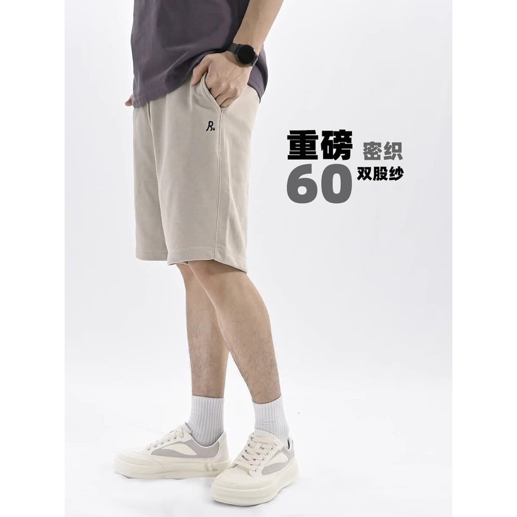[Estilo combinado de tesouro] RE Shorts casuais masculinos de verão, tecido felpudo de malha densa, calças de cinco pont