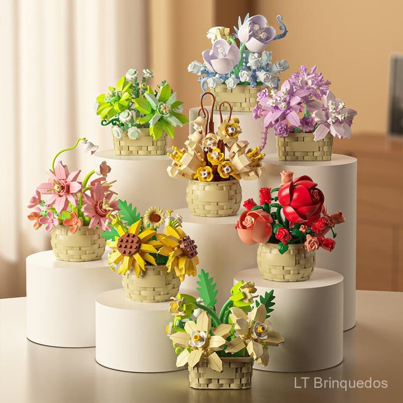 Cesta de flores eternas simulada, planta em vaso, blocos de montar compatíveis com decorações Lego, brinquedo de present