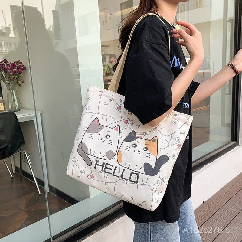 Bolsa de lona de grande capacidade para usar no ombro, nova versão coreana de 2024, bolsa de mão de lona com estampa com