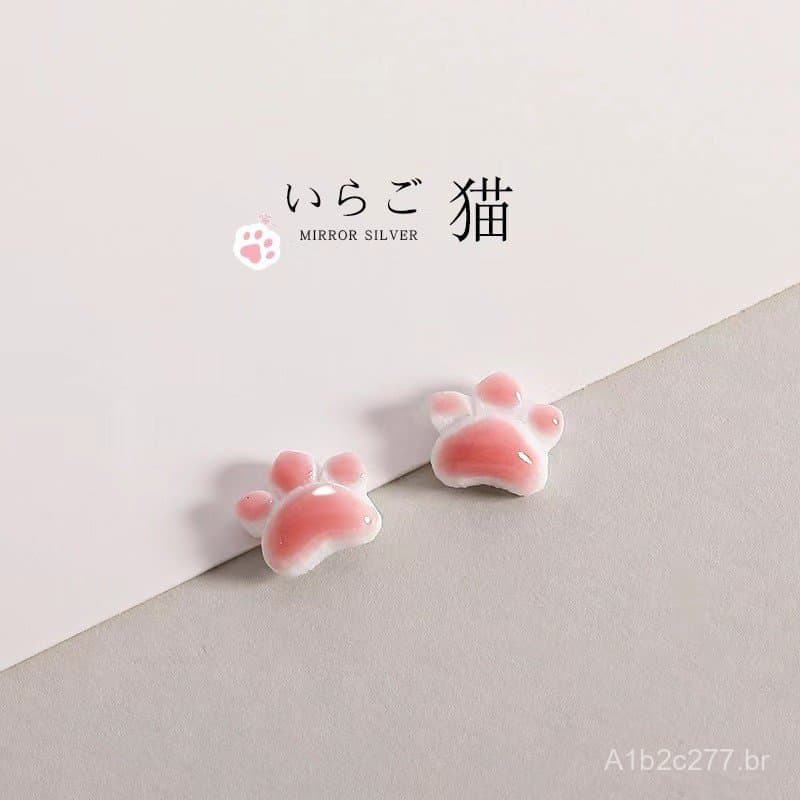 Brincos de prata 925 em formato de pata de gato para mulheres, brincos simples em rosa claro, pequenos e fofos, acessóri