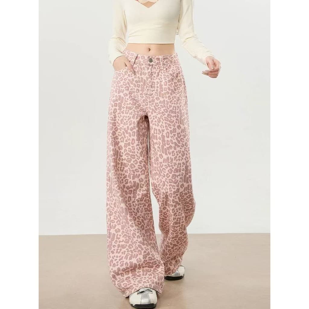 jeans De Perna Reta Com Estampa De Leopardo Para Mulheres , Calças Soltas De Pernas Largas Homens