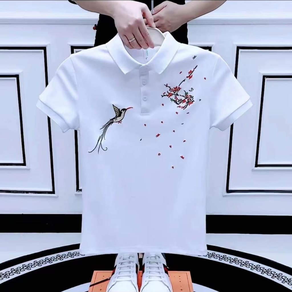 Camisa POLO masculina lapela algodão puro manga curta 2026 novo estilo na moda bordado camiseta magro-ajuste estilo chin