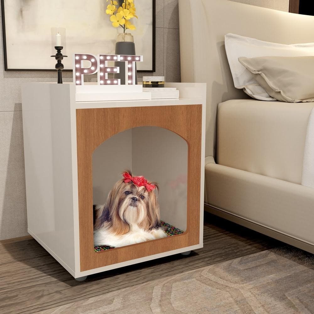 Mesa de Cabeceira Pet Casinha Cachorro Gato MDF com Almofada Moderna Off White/Freijó