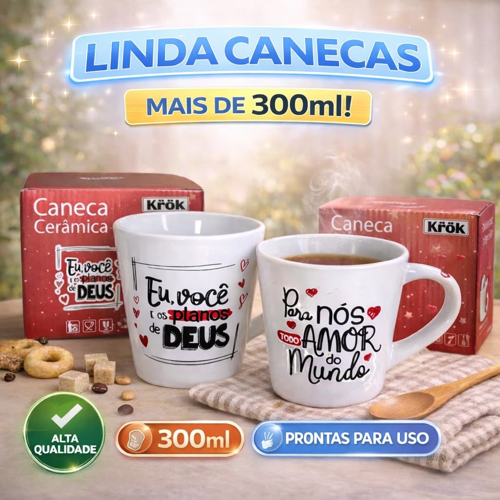 Caneca Ceramica Personalizada Café, chá  300ml  Eu Você e os Planos Deus