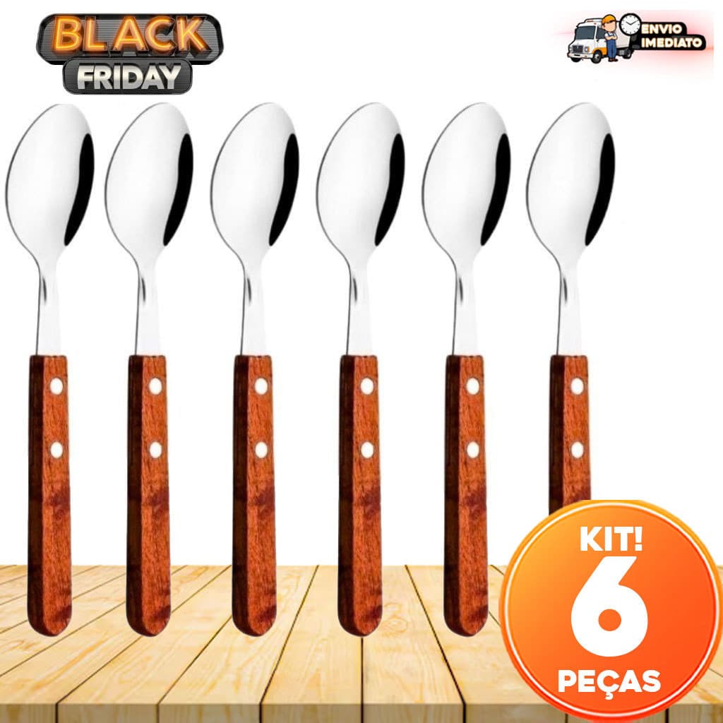 Kit 6 Colheres Inox Cabo Amadeirado 20 cm - Talheres Elegantes para Restaurante e Casa