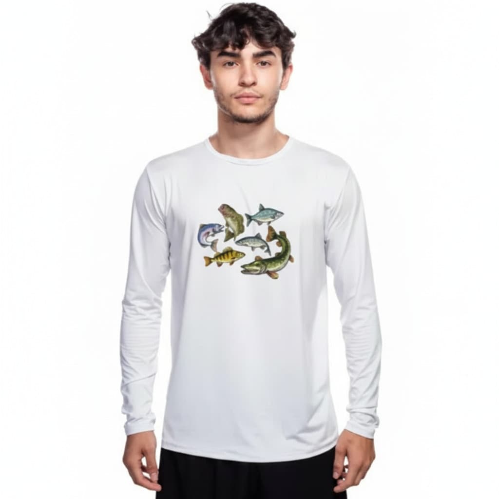 Camisa Masculina Peixes Dry Fit Branca Manga Longa Bad Fish Esportiva Leve