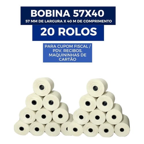 Kit 20 un Bobina Térmica 57x40m Comprovante Tef Recibo ADB Supply Maquininha PDV