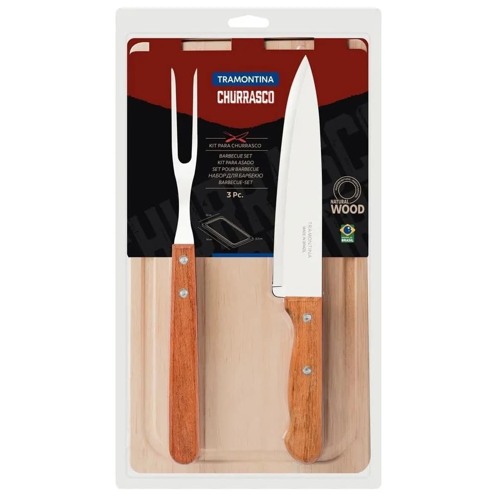 Kit Churrasco Tramontina 3 Peças Inox e Madeira - Faca de Carne 8", Tábua de corte, Garfo Trinchante