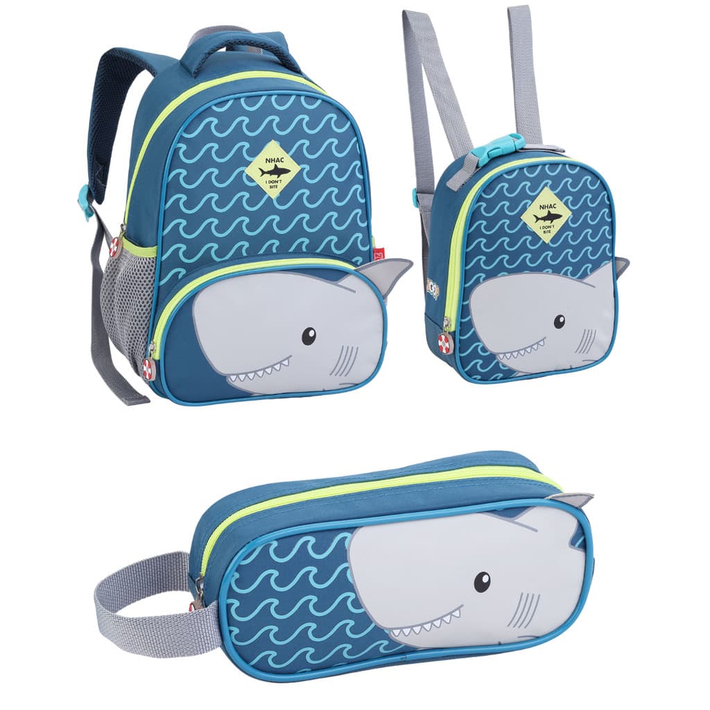 Conjunto Mochila + Lancheira + Estojo Infantil Seanite Zoop Tubarãozinho