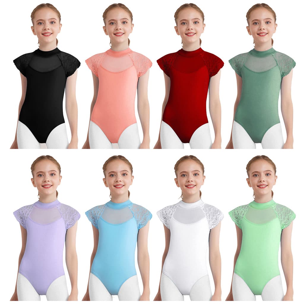 inhzoy Crianças Meninas Rendas Boné Mangas Dança Collant Pura Malha Retalhos Recorte Bodysuit Ballet Prática Exame Dance