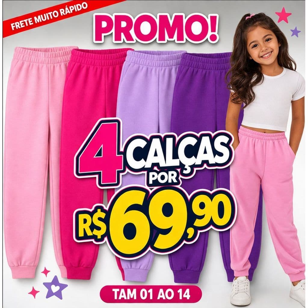 Kit 4 un. Calça Moletom Infantil Apeluciada com Punho tamanho 1 ao 12