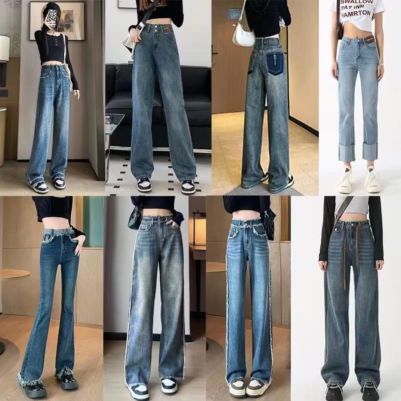Cor estilo aleatório senhoras jeans longos cintura alta jeans coreano calças de perna larga cor sólida em linha reta Cas