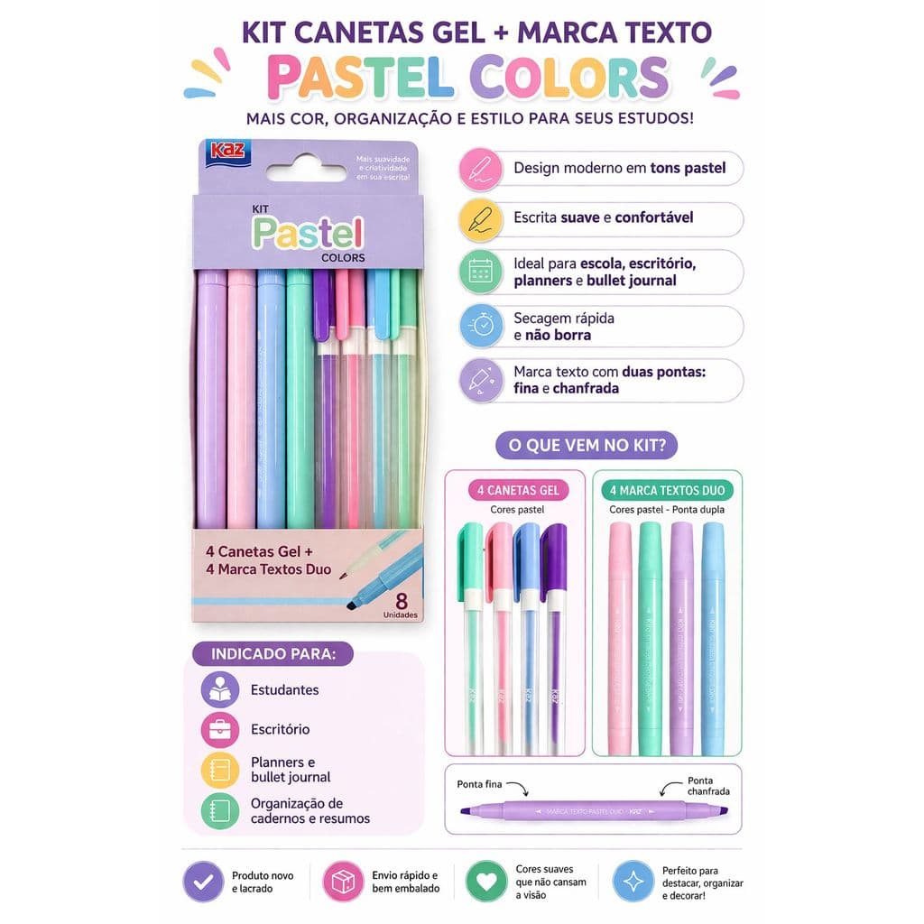 Kit Pastel Colors 4 Canetas Gel + 4 Marca Texto 2 Pontas