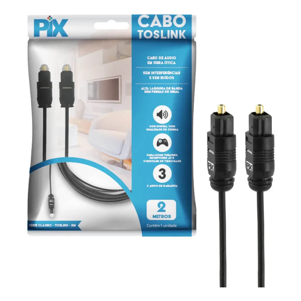 Cabo óptico digital Toslink profissional, 2 mts