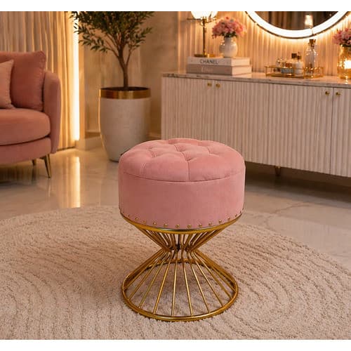 Puff Luxo Piramide  Veludo Capitonê Base Ferro Dourado - Rosê