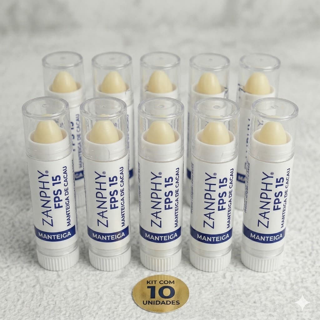 Kit 10 Manteigas de Cacau Bastão FPS 15 - Protetor Labial Hidratante Nutrição e Proteção para os Lábios