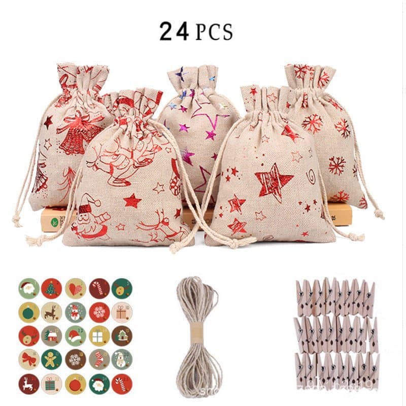 Conjunto de 24 sacolas de presente de Natal em algodão-linho com estampa dourada, sacolas decorativas para calendário do