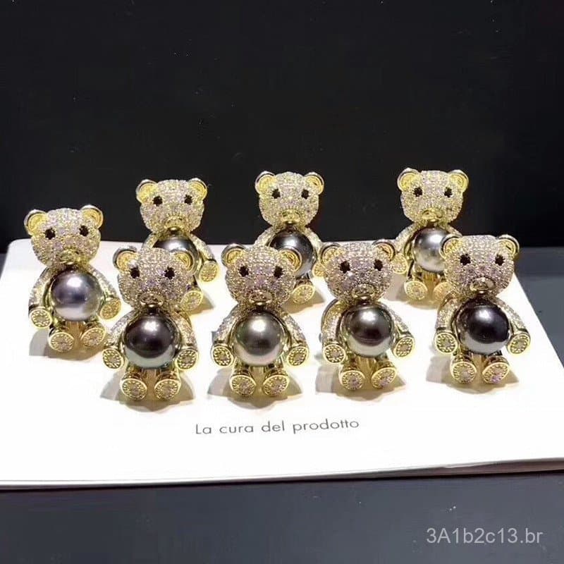 Acessórios DIY: Broche de Pérola Estilo Urso com Zircônia Micro-Incrustada, Banhado a Ouro Espesso, Broche de Lapela de