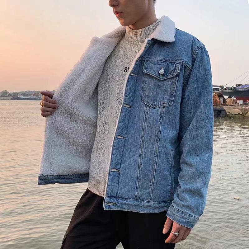 Outono inverno jaqueta jeans de cor clara masculina velo engrossado cordeiro velo jaqueta versão coreana magro-ajuste es