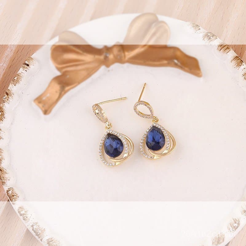 Brincos de prata S925 com design leve e luxuoso, estilo socialite de Hong Kong, brincos vintage com safira, elegantes e