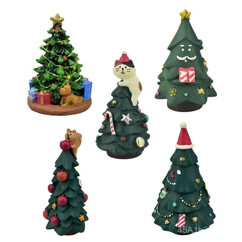 Mini árvore de Natal com gato escalador, decoração de Natal criativa, cena em miniatura com ornamentos de resina, presen