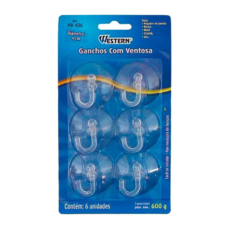 Gancho com Ventosa 6un Uso Geral Alta Qualidade Resistente PVC Western Diâmetro 4cm Multiuso SB