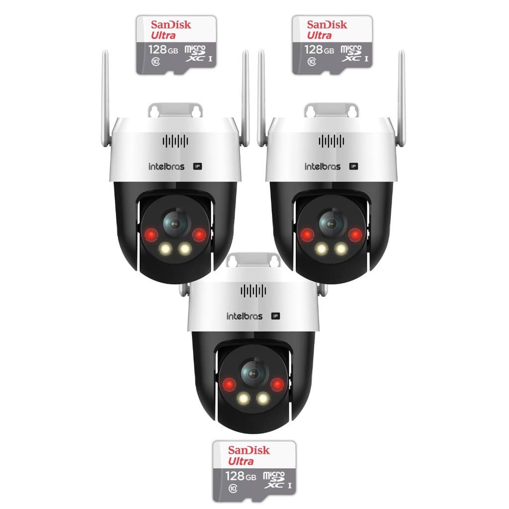 Kit Intelbras 3 Câmeras Vipw 1300 Mini SD IP Speed dome WI-FI cartão 128GB