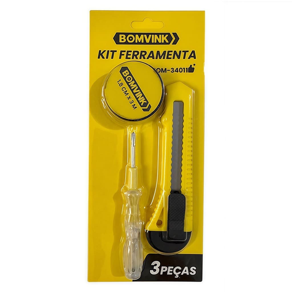Kit de Ferramentas Profissional: Fita Isolante 1.8cm x 3m + Estilete Ergo + Caneta Teste Cristal Dupla Ponta