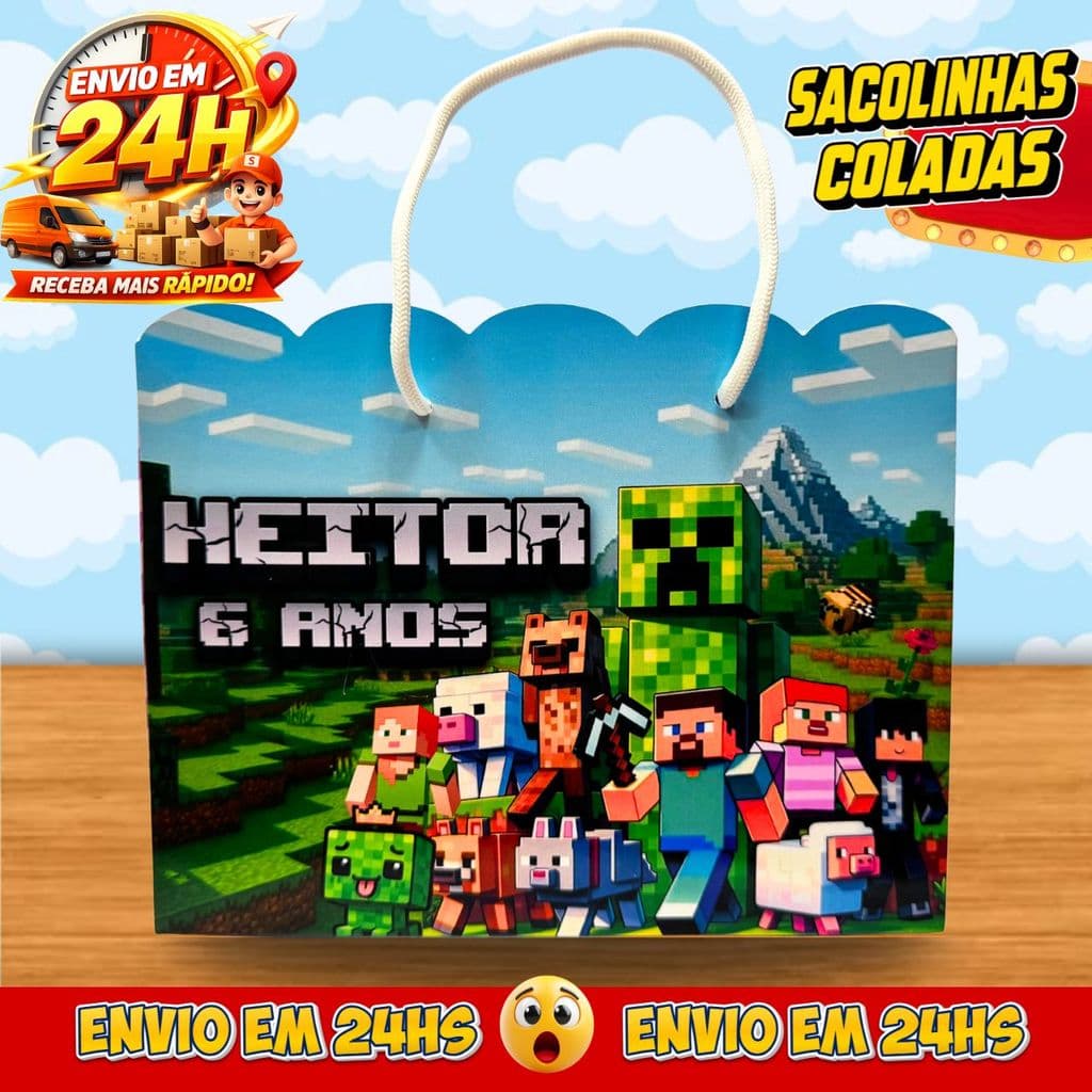Sacolinhas Minecraft Personalizadas - Lembrancinhas Infantil Dinossauro Premium com Nome e Idade