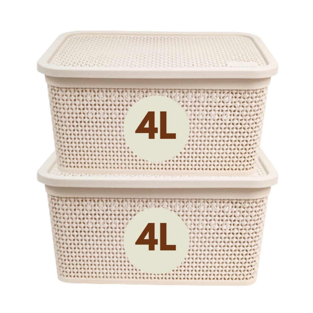 Kit 2 Cestos 4 Litros Caixa Organizadora Multiuso Rattan com Tampa Alças Laterais Cesto Organizador