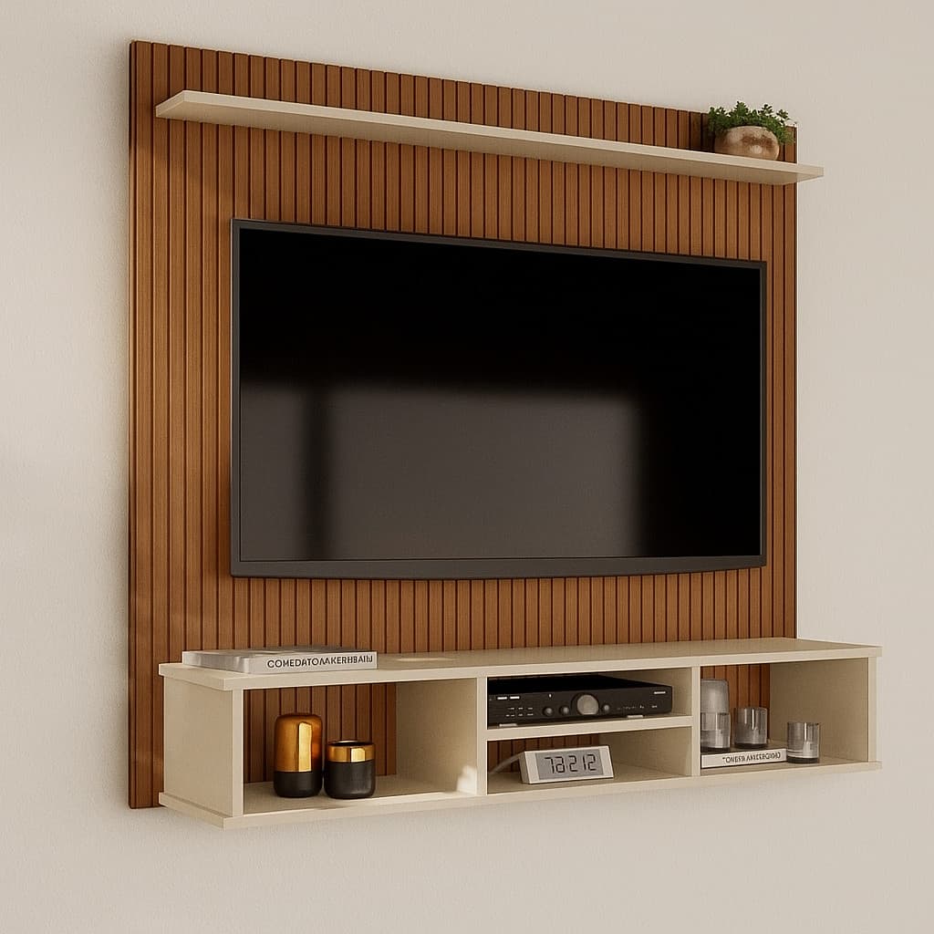 Painel para TV 50" Ripado 3D com Nichos e Prateleira – MDP Alta Resistência